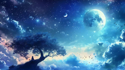 Celestial nightscape with dreaming figure under cosmic tree.