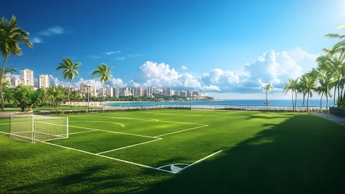 Coastal football pitch with palm-lined skyline and bay panorama.