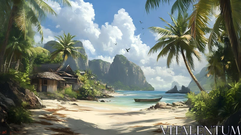 Tropical Lagoon Settlement: Limestone Karst Archipelago Digital Rendering