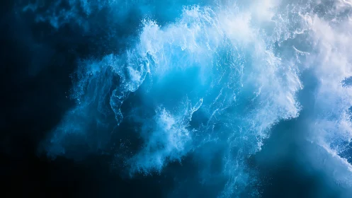 Dynamic blue ocean wave with foamy spray in motion.
