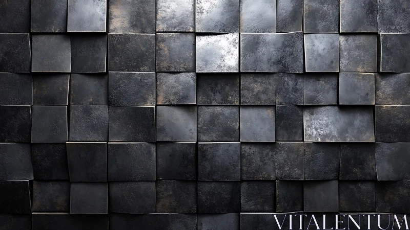 Midnight metal mosaic of uneven squares in moody relief.