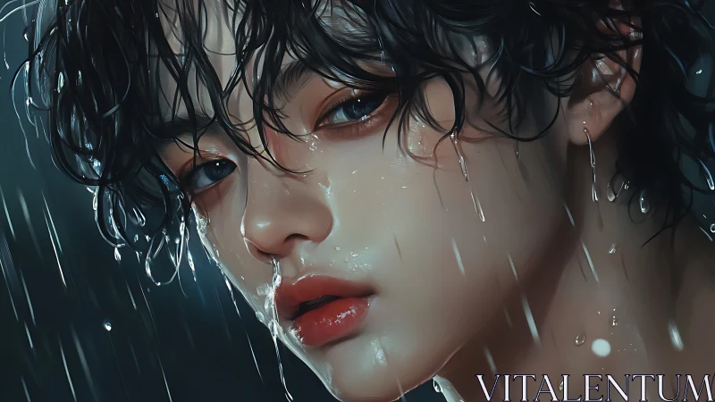 Digital portrait of wet-haired youth in rainfall close-up view.