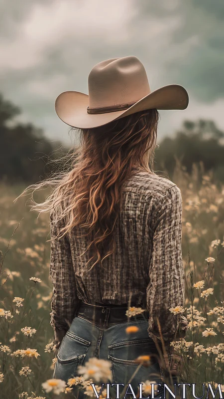 Lone prairie daydreamer in wildflower hush and soft stormlight.