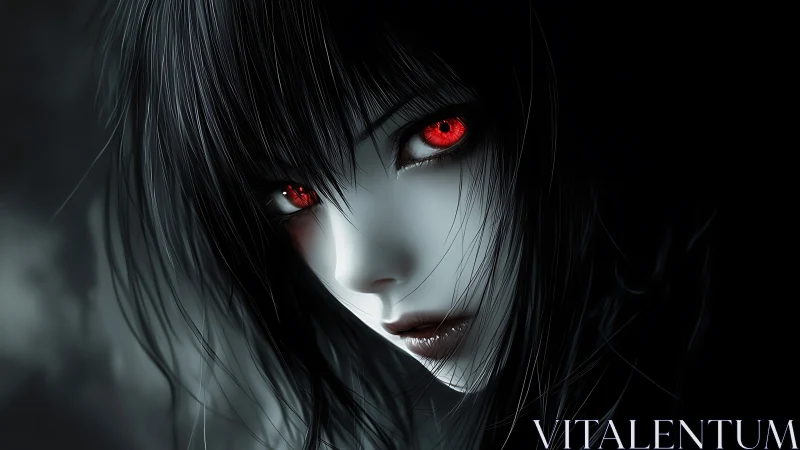 Luminous red eyes glow gently from a mysterious pale face