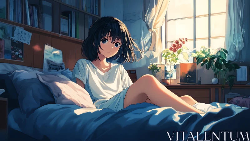 Soft morning light with a thoughtful girl on her bed.