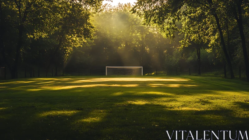 Backlit forest-edge soccer pitch with single centered goal frame