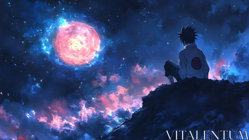 Starlit dreamer rests beneath a glowing cosmic moon