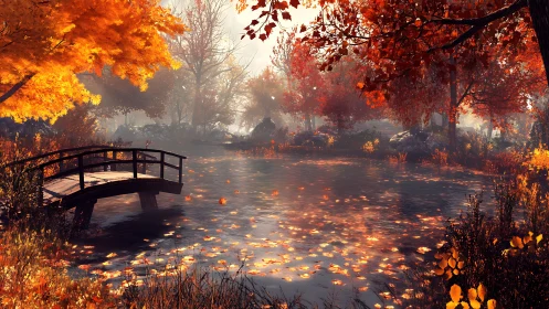 Autumnal woodland pond with arched bridge and specular foliage.