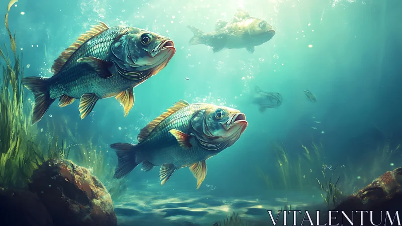 Shimmering fish glide through a sunlit underwater world.