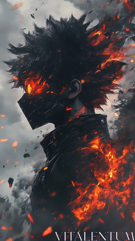 Flaming masked figure rendered in high-contrast digital profile