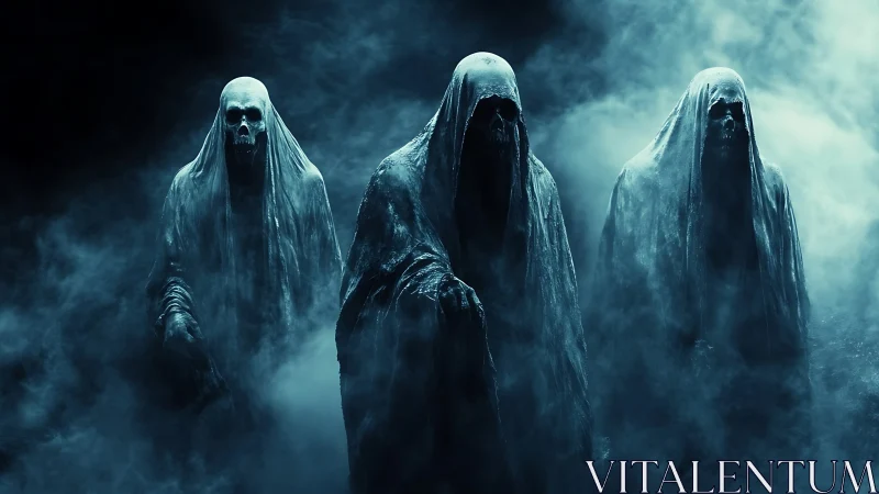 Hooded skeletal figures stand in dense blue atmospheric fog
