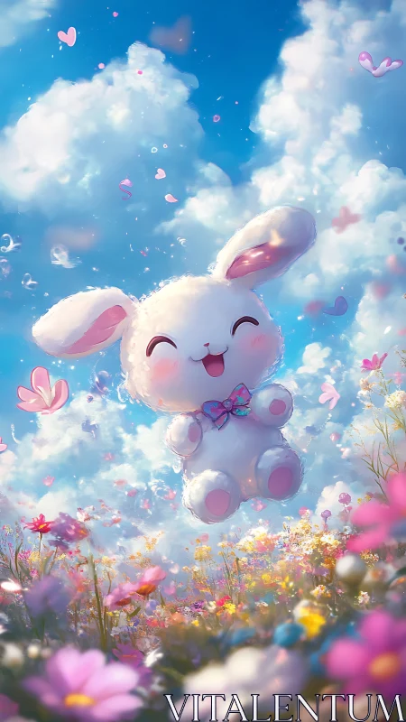Fluffy chibi rabbit levitates above wildflower field under volumetric clouds