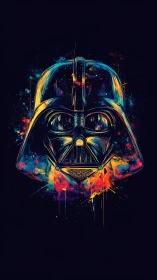 Neon-lit dark helmet emerges from cosmic splatter glow