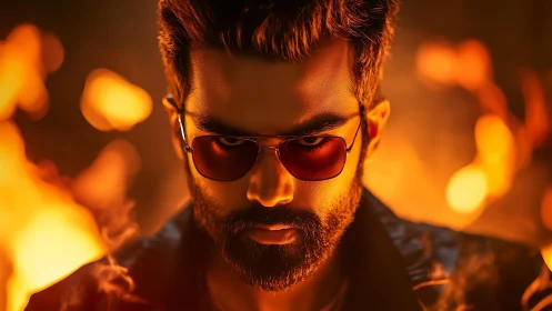 Bearded man in sunglasses against defocused fire background.