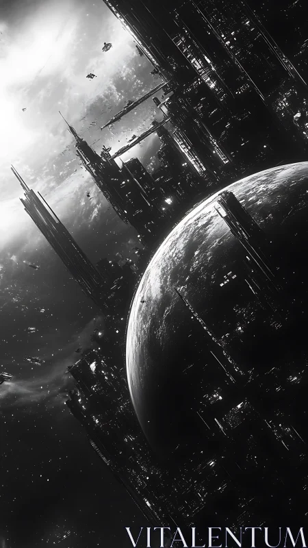 Starlit megastructures gently cradle a vivid distant world