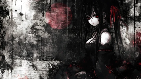 Gothic anime girl amid grunge textures and red glow.