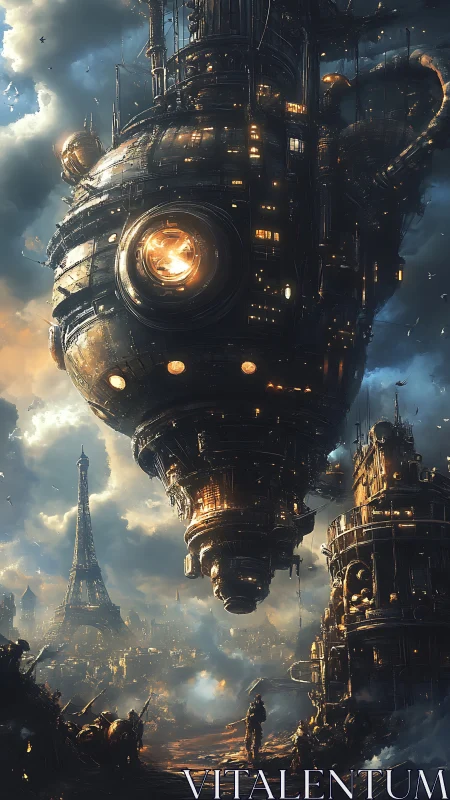 Colossal steampunk airship looms over dystopian Paris skyline