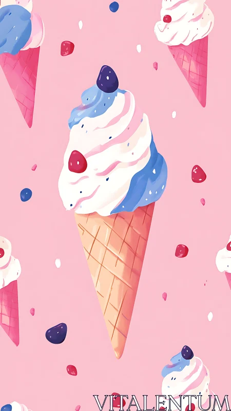 Stylized ice cream cone pattern uses flat shading and pastel palette