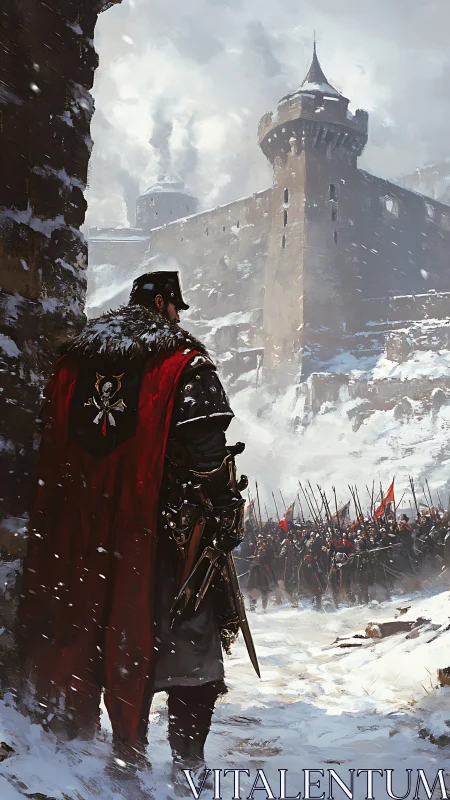 Crimson warlord surveys snowbound siege at iron citadel.
