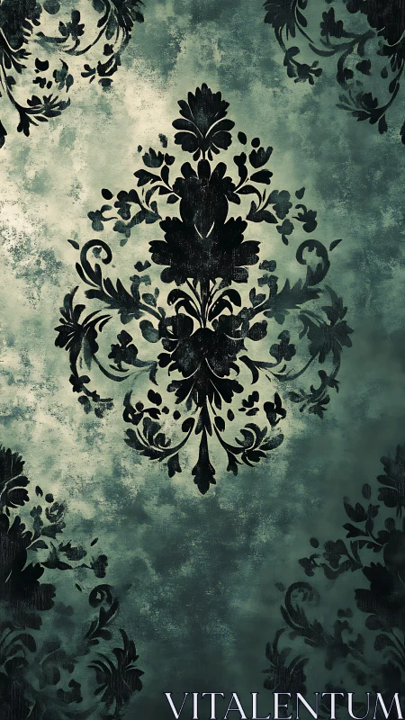 Ornate black damask floral motif overlays distressed teal field