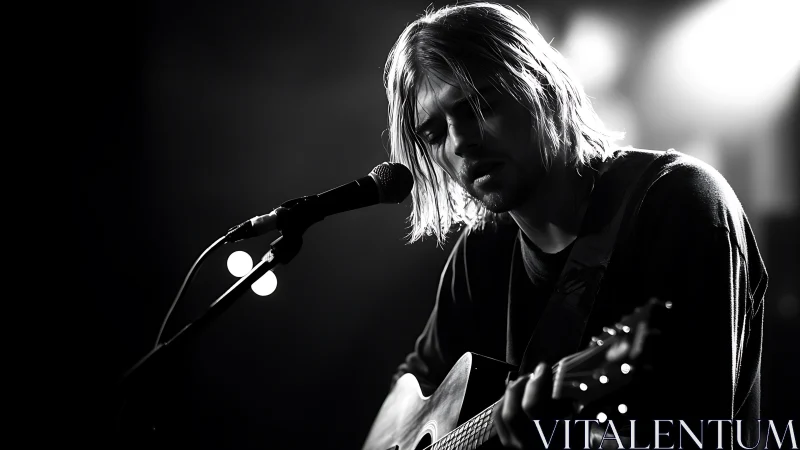 Monochrome close-up of guitarist singing into stage microphone.