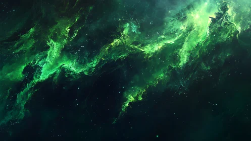 Green cosmic nebula cloud stretching across deep space.
