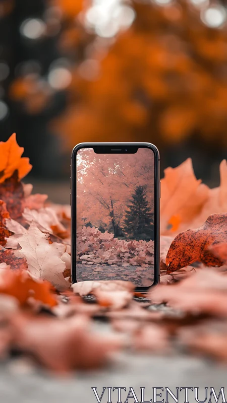 Phone portal frames an amber forest of drifting autumn.
