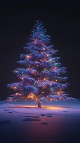 Snow covered evergreen tree with multicolored lights at night.