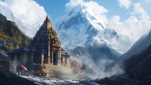 Digital painting of Himalayan temple complex in luminous haze.