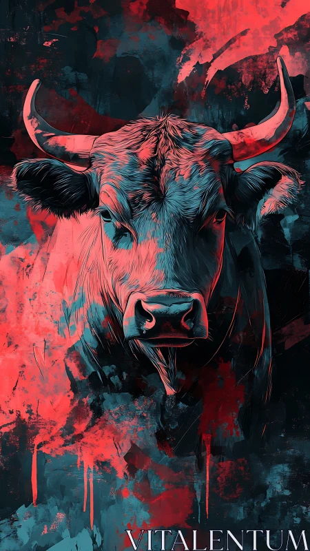 Neon contrasted bull portrait amid abstract crimson teal field.