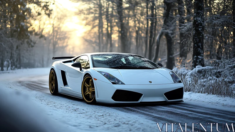Aerodynamic supercar poised on snow-covered forest roadway.
