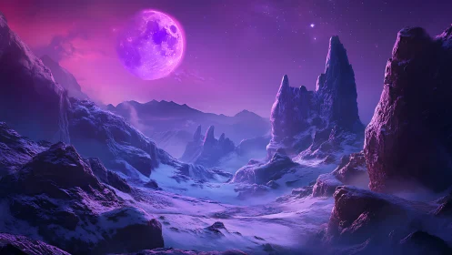 Lunar-illuminated alien ice valley under magenta spectral sky.