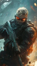 Armored operative with rifle in fragmented urban combat zone.