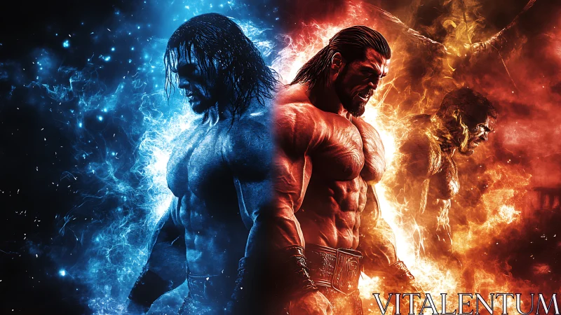 Dual elemental warriors divide frame into blue energy and fire