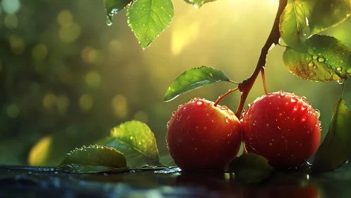 Sunlit cherries resting softly under morning raindrops.