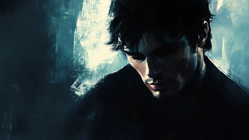 Brooding silhouette carved in electric teal and shadowed light.