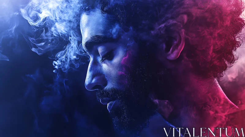 Dual-toned profile in drifting neon smoke portraiture.