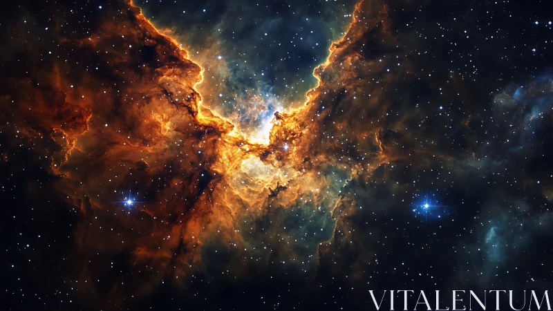 Fiery cosmic nebula glows against a star filled deep space