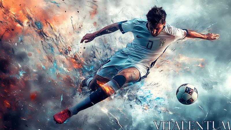 Blazing soccer kick frozen in a burst of wild color.