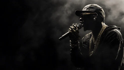 Rap vocalist in smoky spotlight, dramatic side profile.