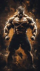 Muscular titan silhouettes against molten abstract backdrop.