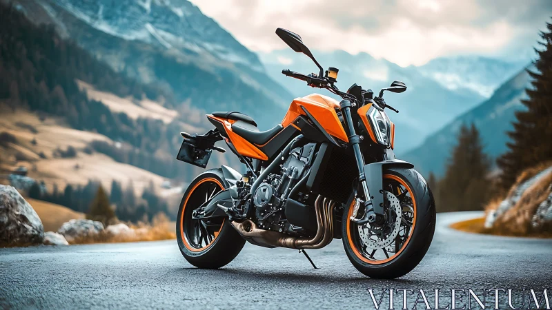 Orange sport motorcycle dominates winding alpine road scene.