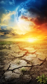 Digital painting of cracked earth, planet horizon and sunset.