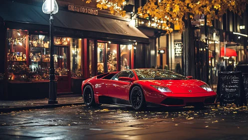 Red sports car glowing under cozy city night lights.