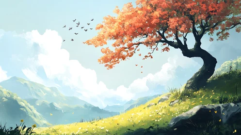 Sunlit hillside welcomes a graceful tree in warm autumn color