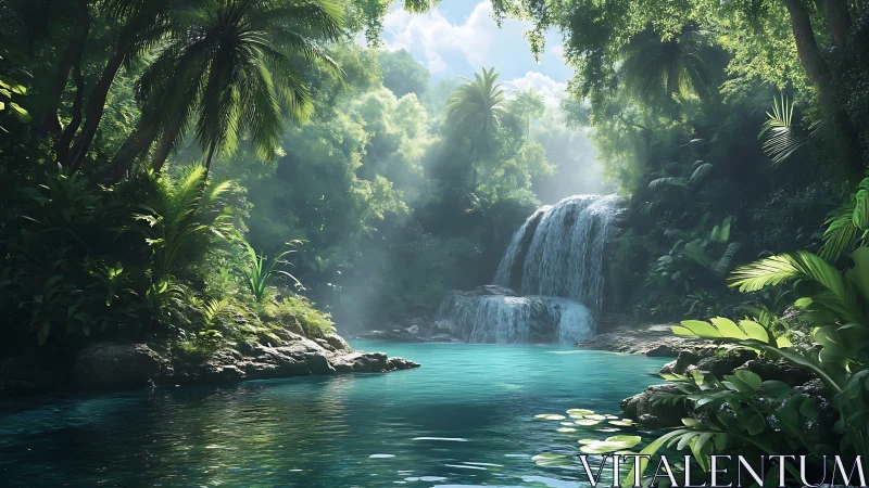 Tropical waterfall cascades into turquoise jungle lagoon