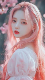 Pink-haired girl glows under soft cherry blossom light.