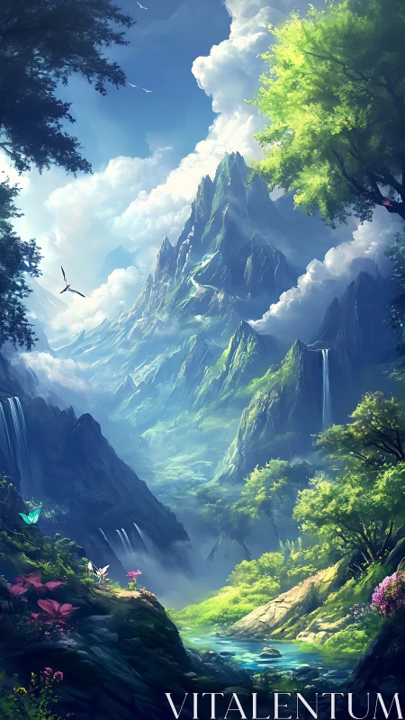 Sunlit crystal peaks above a secret green valley dreamscape.