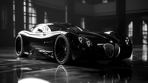 Black BMW concept supercar in glossy monochrome studio shot.