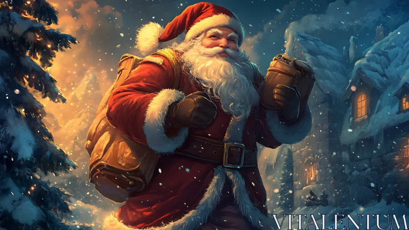 Santa Claus walking through snowy village at night